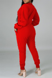 Red Fashion Casual Solid Patchwork Pocket V Neck Regular Jumpsuits