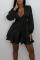 Black Casual Sweet Solid Patchwork Knotted Asymmetrical V Neck A Line Dresses