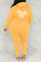 Yellow Fashion Casual Letter Print Basic Hooded Collar Plus Size Two Pieces