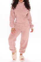 Pink Fashion Casual Solid Basic Zipper Collar Long Sleeve Two Pieces