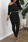 Black Fashion Casual Solid Basic Oblique Collar Long Sleeve Two Pieces