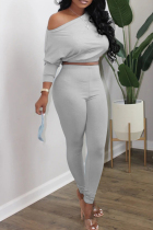 Grey Fashion Casual Solid Basic Oblique Collar Long Sleeve Two Pieces