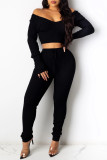 Black Fashion Casual Solid Basic V Neck Long Sleeve Two Pieces