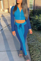 Blue Casual Solid Patchwork Zipper Zipper Collar Long Sleeve Two Pieces