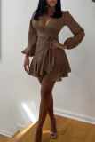 Coffee Casual Sweet Solid Patchwork Knotted Asymmetrical V Neck A Line Dresses