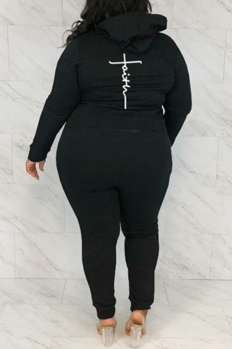 Black Fashion Casual Print Basic Hooded Collar Plus Size Two Pieces