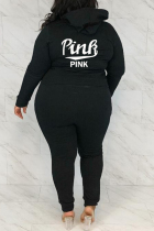 Black Fashion Casual Letter Print Basic Hooded Collar Plus Size Two Pieces