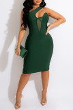 Green Fashion Sexy Solid Patchwork Backless One Shoulder Sleeveless Dress Dresses
