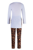 White Casual Letter Print Patchwork Slit O Neck Long Sleeve Two Pieces