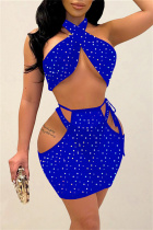 Royal Blue Sexy Patchwork Hollowed Out See-through Backless Turtleneck Sleeveless Three-piece Set
