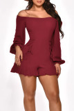 Burgundy Casual Solid Bandage Patchwork Flounce Off the Shoulder Straight Rompers