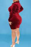 Red Fashion Casual Solid Fold Turndown Collar Long Sleeve Plus Size Dresses