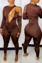 Coffee Sexy Solid Hollowed Out Split Joint Asymmetrical O Neck Regular Jumpsuits