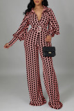 Black Fashion Print Patchwork With Belt V Neck Straight Jumpsuits