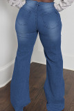 Deep Blue Casual Street Solid Ripped Patchwork Plus Size Jeans