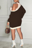 Coffee Sexy Solid Patchwork V Neck Long Sleeve Two Pieces