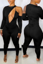 Black Sexy Solid Hollowed Out Split Joint Asymmetrical O Neck Regular Jumpsuits