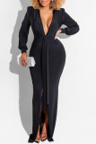 Black Sexy Solid Patchwork Asymmetrical V Neck Straight Dresses