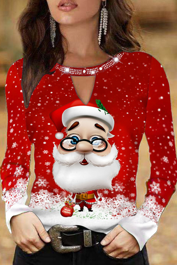 Red Casual Party Santa Claus Hollowed Out V Neck Tops