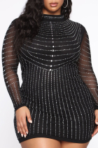 Black Fashion Sexy Patchwork Hot Drilling See-through O Neck Long Sleeve Plus Size Dresses
