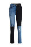 Blue Black Fashion Casual Patchwork Basic High Waist Jeans