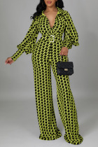 Green Fashion Print Split Joint With Belt V Neck Straight Jumpsuits