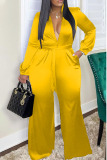 Yellow Casual Solid Patchwork Buckle Turndown Collar Straight Jumpsuits