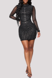 Black Fashion Sexy Patchwork Hot Drilling See-through O Neck Long Sleeve Dresses
