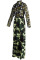 Army Green Sexy Print Split Joint V Neck Long Sleeve Floor Length A Line Dresses