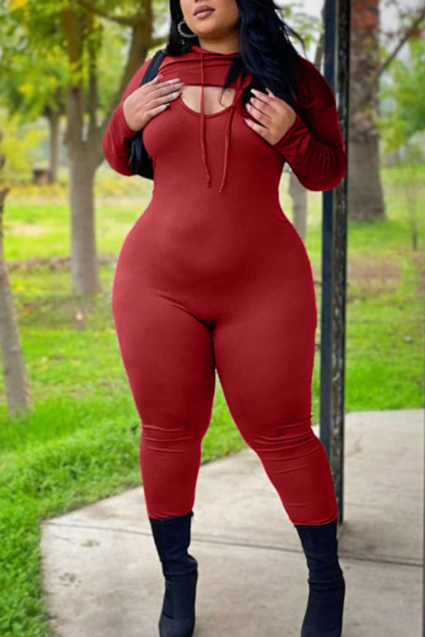 Red Sexy Solid Split Joint Asymmetrical Hooded Collar Plus Size Two Pieces