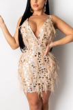 Apricot Fashion Sequined Pearl Tassel Straps Dress