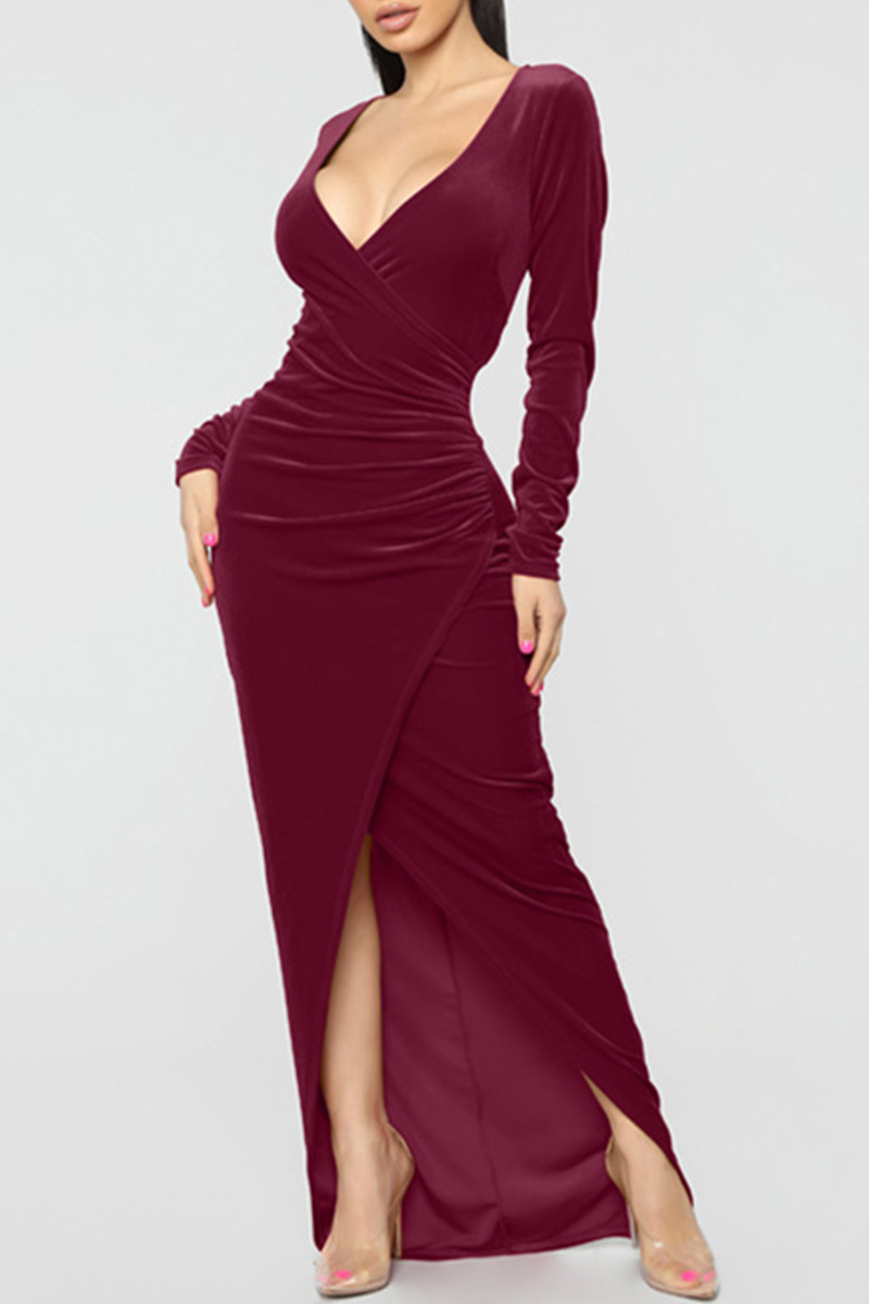 

Burgundy Fashion Sexy Solid Split Joint V Neck Long Sleeve Dresses