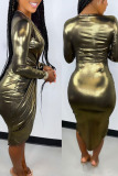 Gold Sexy Solid Patchwork Fold Asymmetrical V Neck Irregular Dress Dresses