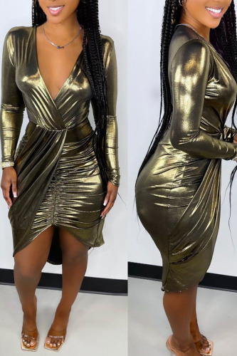 Gold Sexy Solid Patchwork Fold Asymmetrical V Neck Irregular Dress Dresses
