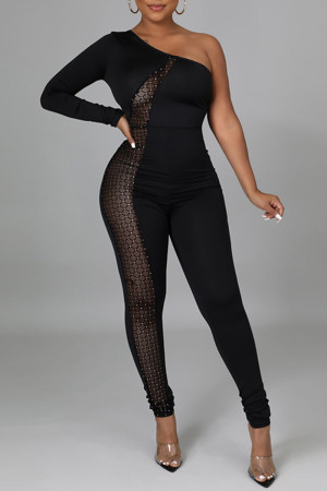 Black Sexy Casual Patchwork See-through Oblique Collar Skinny Jumpsuits