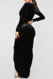 Black Fashion Sexy Solid Split Joint V Neck Long Sleeve Dresses
