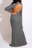Grey Fashion Sexy Patchwork Sequins Slit O Neck Long Sleeve Two Pieces