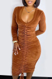 Brown Casual Solid Split Joint Draw String Fold V Neck Dresses