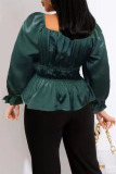 Green Casual Solid Patchwork Flounce Fold U Neck Plus Size Tops