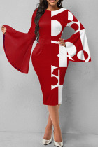 Red Casual Elegant Print Split Joint O Neck One Step Skirt Dresses