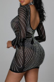 Black Sexy Patchwork Hot Drilling Hollowed Out See-through Turtleneck Long Sleeve Dresses