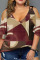 Red-brown Casual Print Patchwork V Neck Plus Size Tops