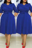 Blue Fashion Casual Plus Size Solid With Belt V Neck Short Sleeve Dress