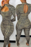 Khaki Fashion Casual Print Hollowed Out Patchwork Turtleneck Regular Jumpsuits