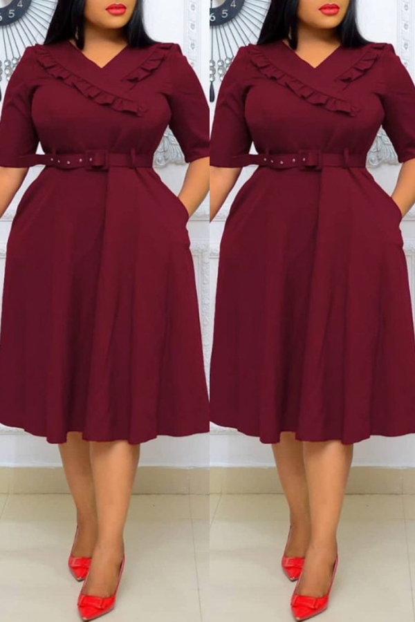 Red Fashion Casual Plus Size Solid With Belt V Neck Short Sleeve Dress