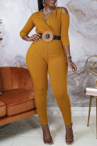 Yellow Fashion Casual Solid Hollowed Out V Neck Regular Jumpsuits (With Belt)