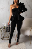 Red One Shoulder Collar Long Sleeve Solid Patchwork ruffle