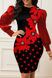 Red Casual Print Patchwork O Neck One Step Skirt Dresses