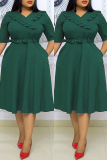 Green Fashion Casual Plus Size Solid With Belt V Neck Short Sleeve Dress