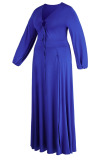 Deep Blue Elegant Solid Patchwork Frenulum High Opening V Neck Long Sleeve Plus Size Dresses